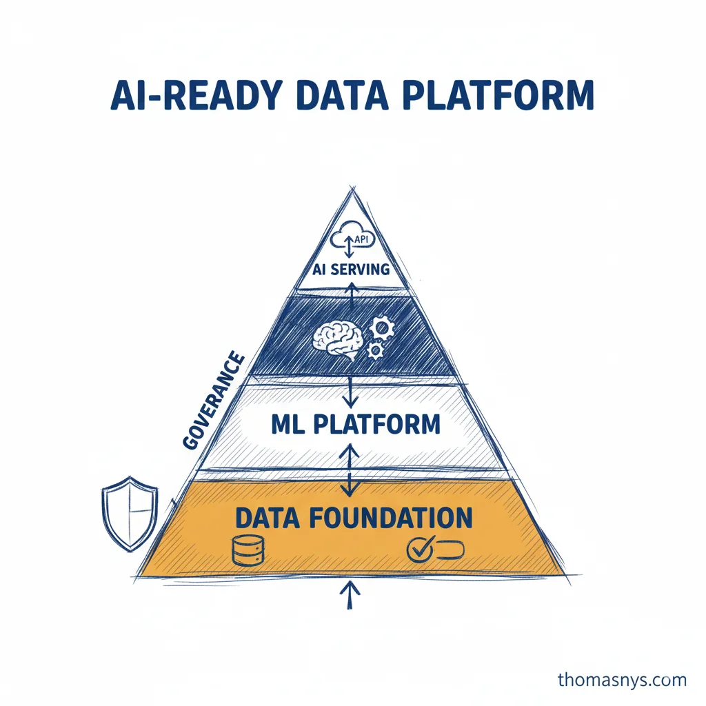 AI-Ready Data Platform - Data Foundation, ML Platform, AI Serving pyramid with Governance