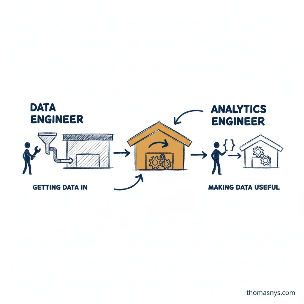 Analytics engineer vs data engineer showing the handoff point at the data warehouse