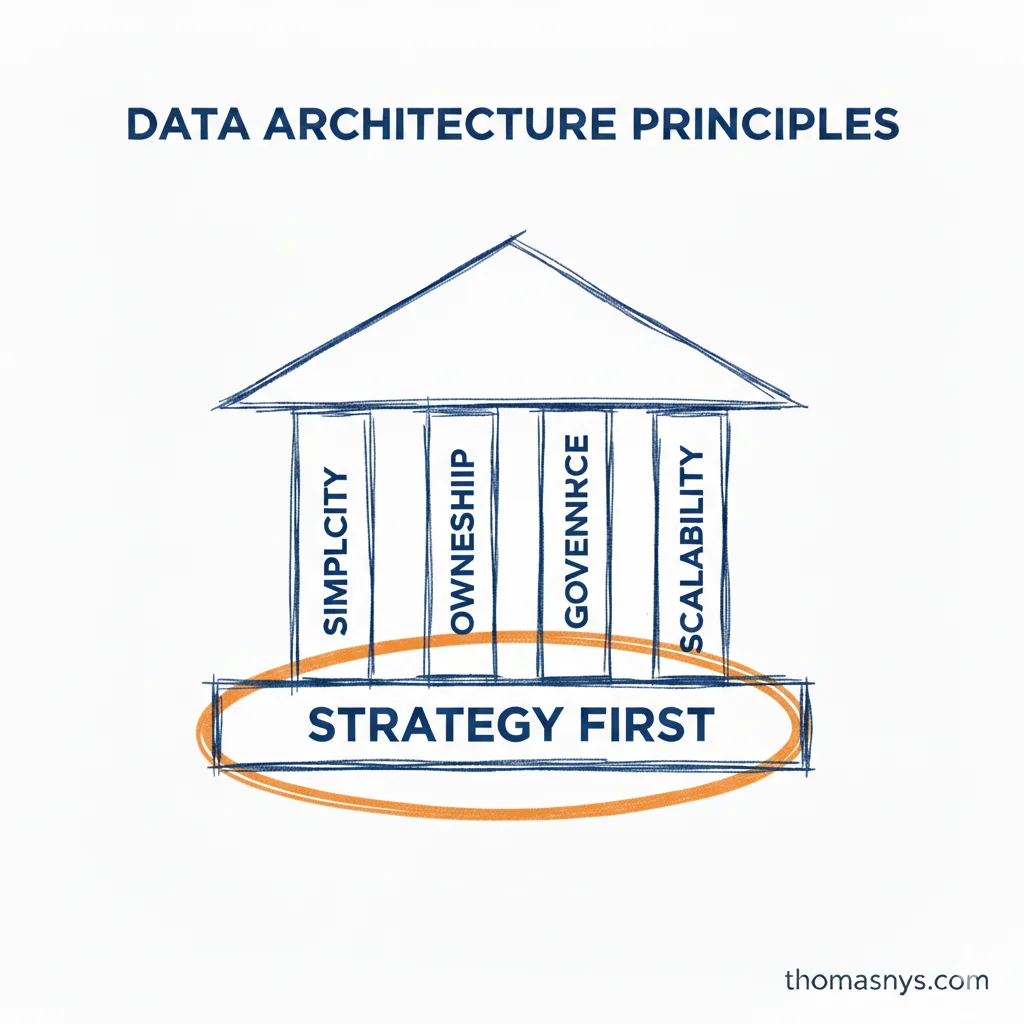 Data Architecture Principles - Strategy foundation, Ownership, Simplicity, Governance pillars, Scalability roof