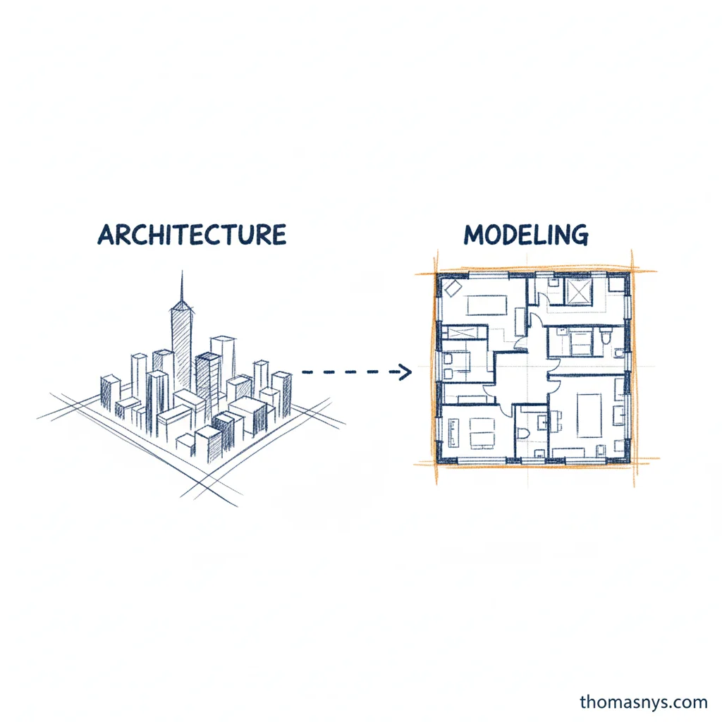 Data architecture showing the big picture vs data modeling showing dataset detail
