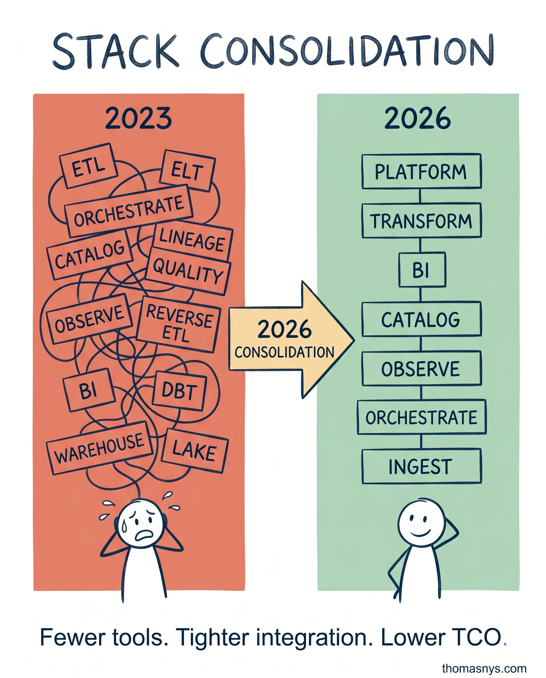 Consolidating from 15 tools to 7 in 2026. Three drivers, none of them innovation