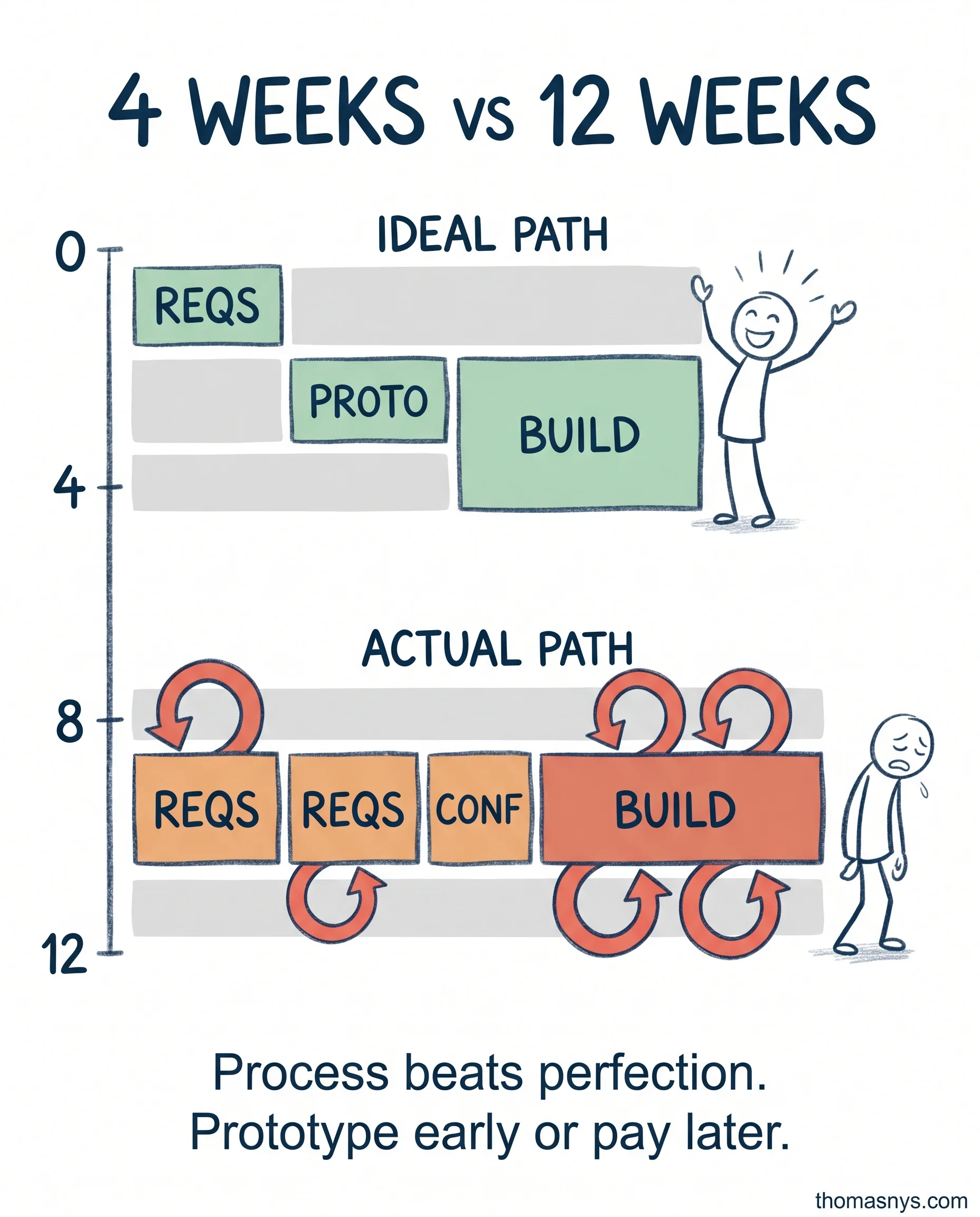 Timeline comparison: ideal 4 weeks vs actual 12 weeks for dashboard project