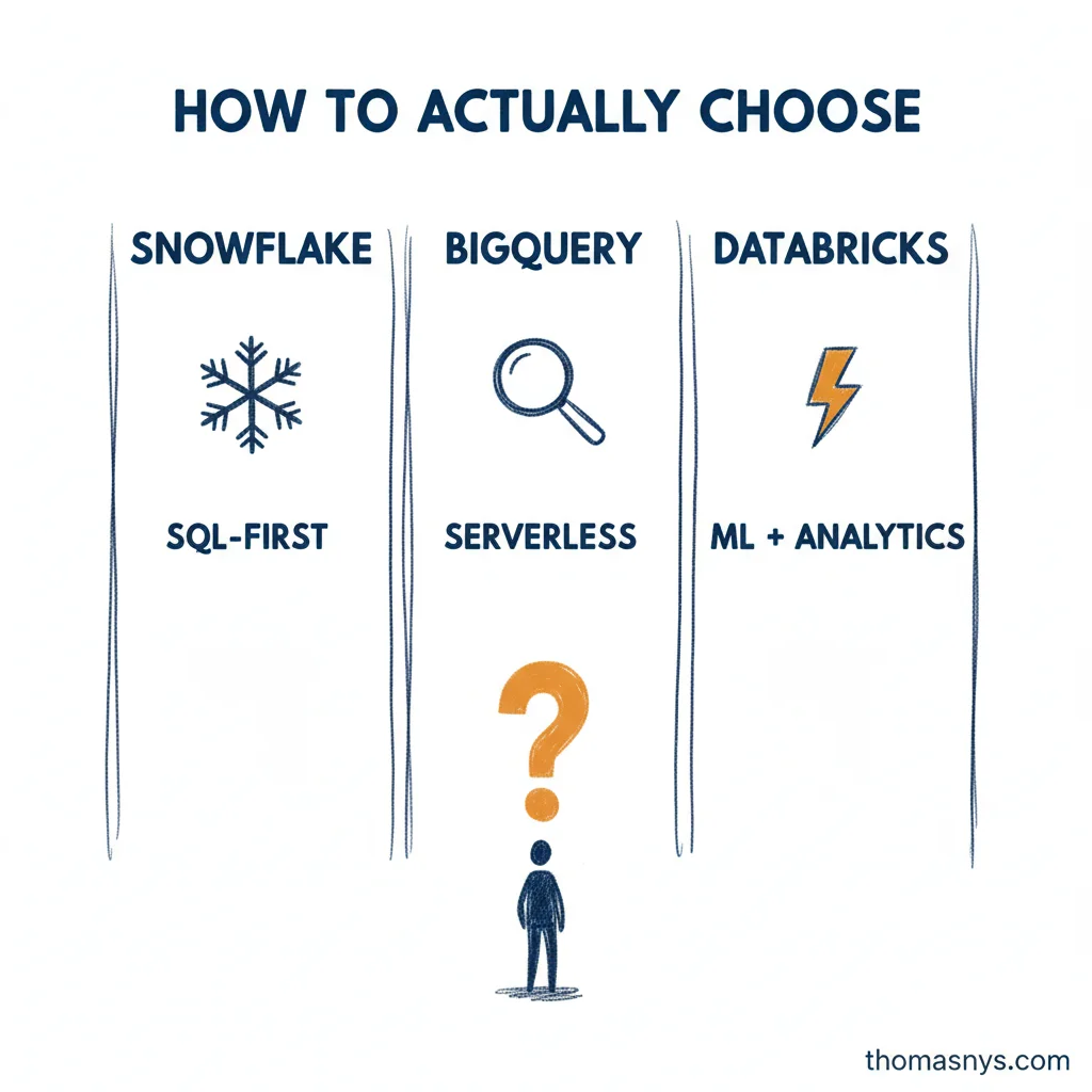 Snowflake vs BigQuery vs Databricks comparison for startups and scaleups