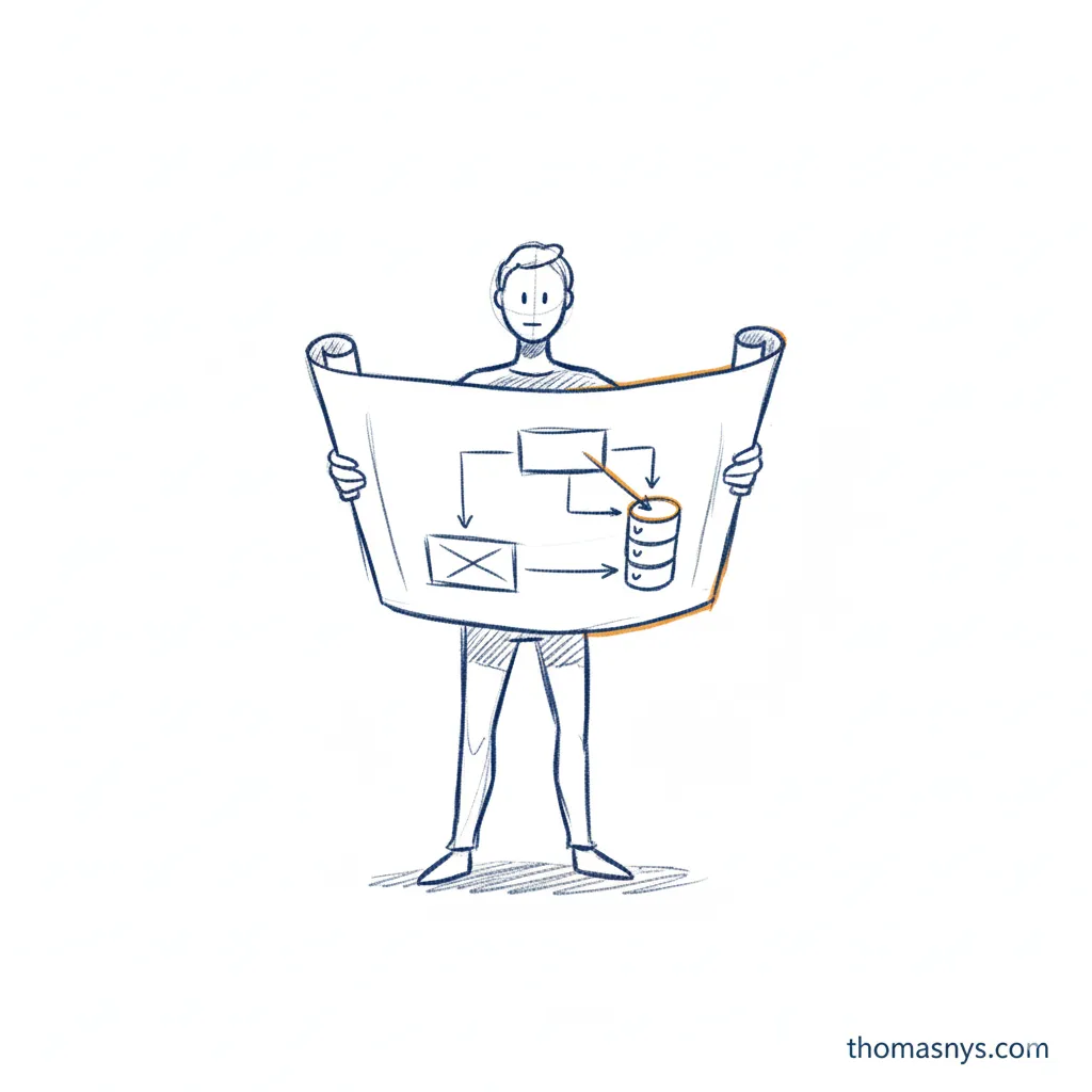 Data architect reviewing system blueprint and making strategic decisions