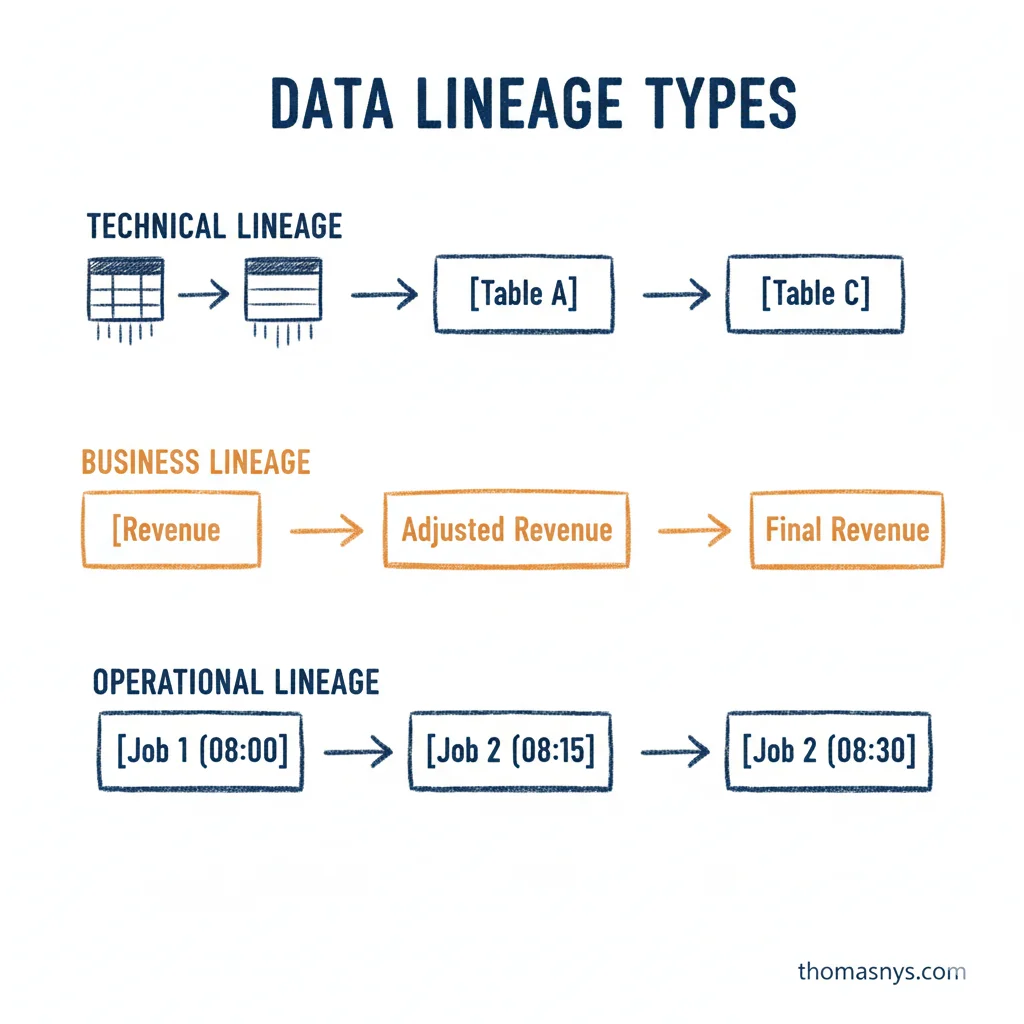 Data Lineage Types - Technical, Business, Operational lineage flows