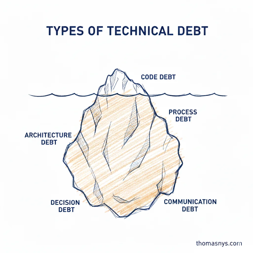 Types of Technical Debt - Iceberg showing Code Debt above water, Architecture, Process, Decision, Communication Debt below